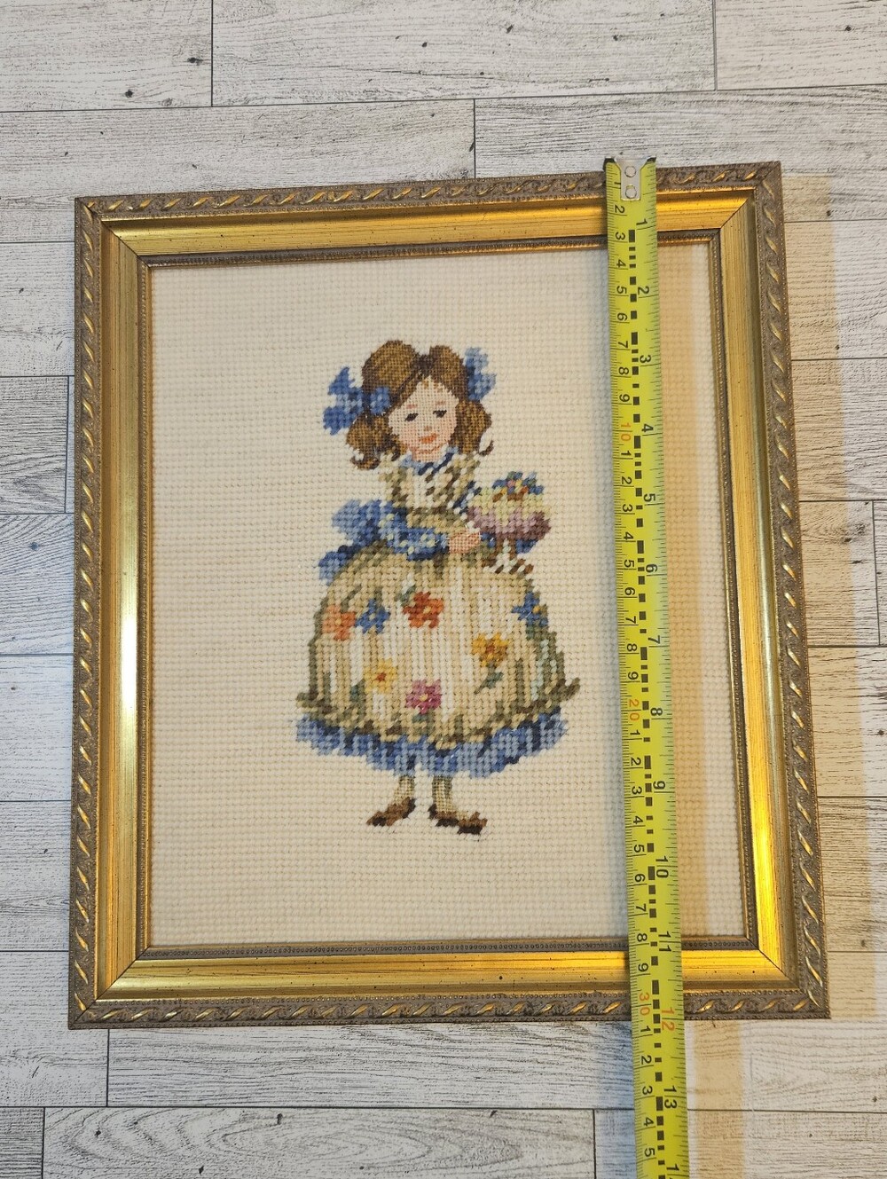 Pair Of Framed Vintage Needlepoint Girls In Floral Dress Grandmacore *No Glass - Picture 7 of 8